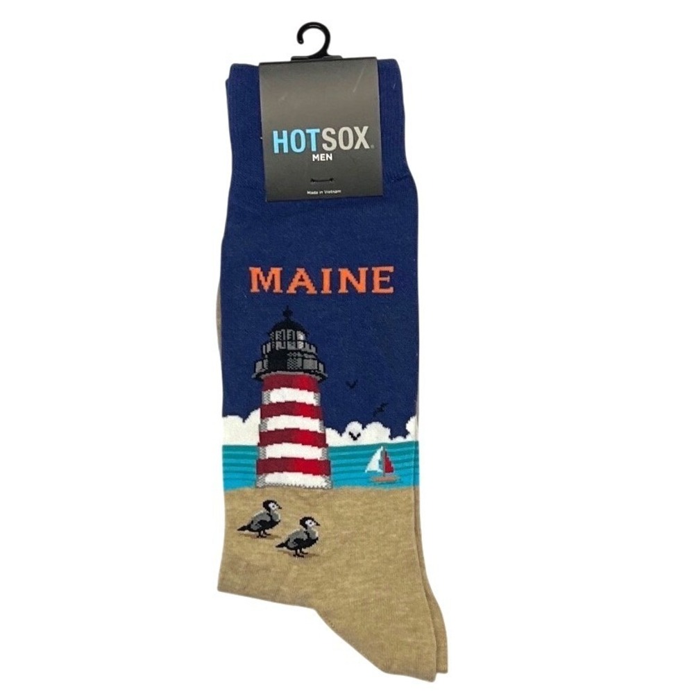 Hot Sox‎ Mens Maine Lighthouse Socks Dark Blue Beach Scene Novelty NEW